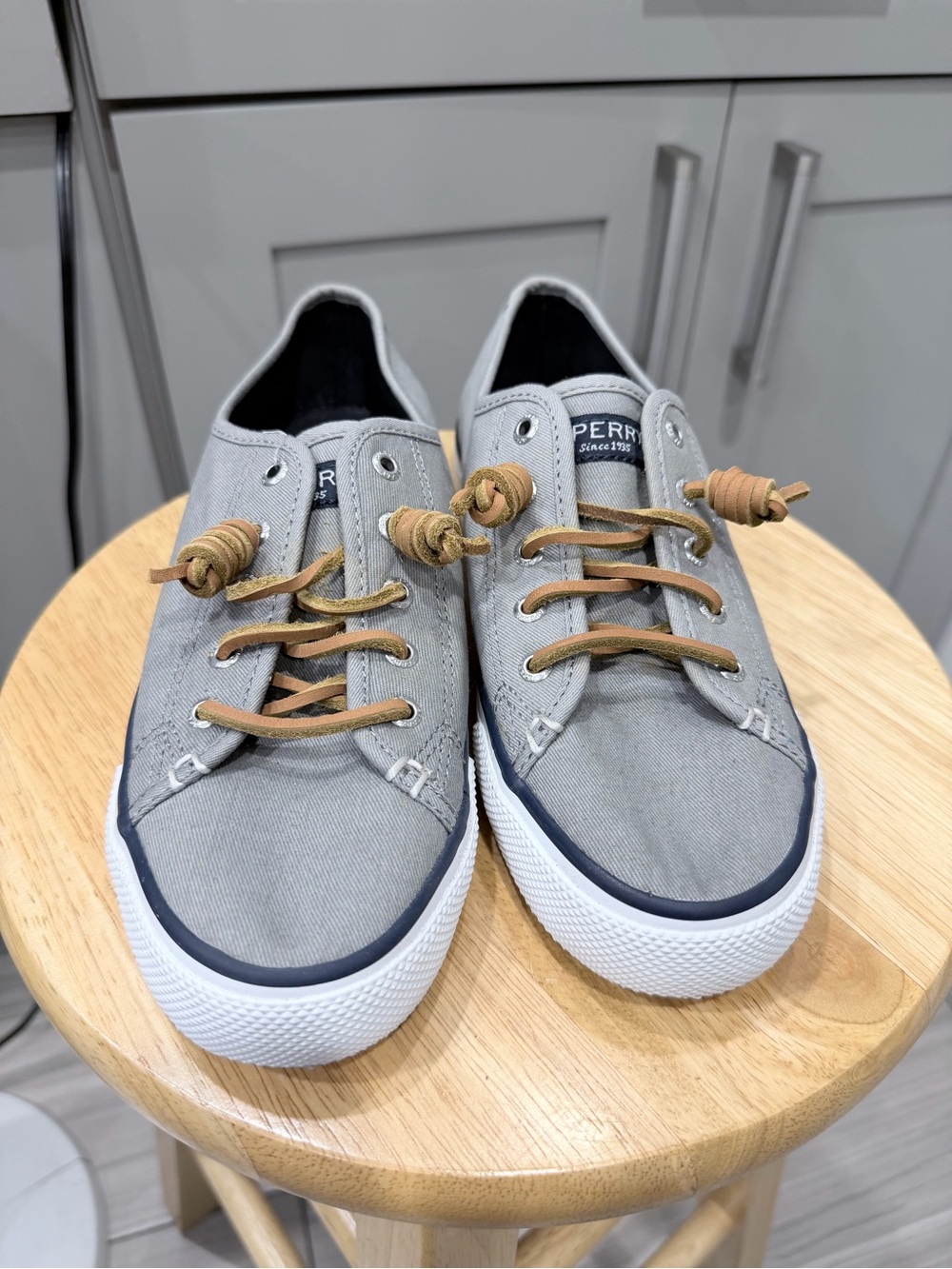 Sperry Gray Canvas Boat Shoes with Tan Laces